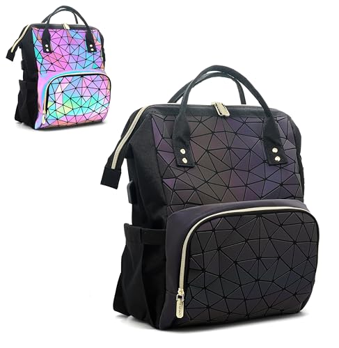 CAFINY Sac à dos géométrique pour femmes, grand sac à dos iridescent lumineux holographique, sac de voyage rétro pour loisirs, campus et travail