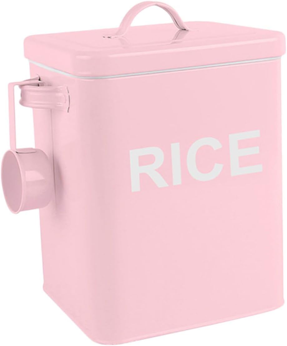 Iron Pet Food Barrel with Lid and Measuring Cup Pink Food Sealing Box Moisture-proof Household Rice Container for Pet Supplies and Kitchen Use