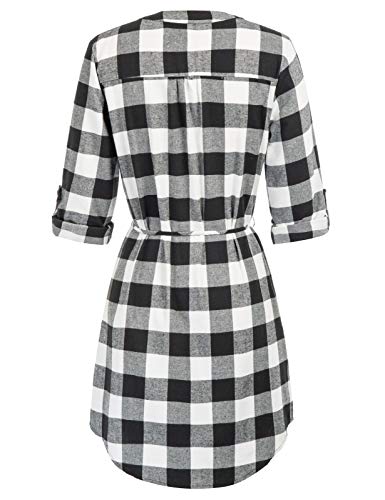 Kate Kasin Women Plaid Mini Shift Dress Belted Roll Up Sleeves Tunic Dress Casual Loose Fit #TOP1