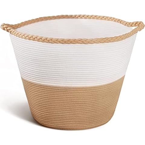 Rope Laundry Basket Large Storage Basket Rope Basket Blanket Basket Cotton Rope Basket Woven Basket Toy Basket Versatile Round with Sturdy Handles Wide Mouth White & Brown 61L Cover
