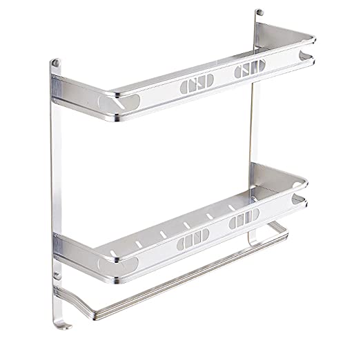 Estantería de baño Sin taladrar Estante de Ducha con toallero Estantes de Ducha Montado en la Pared con Gancho Adhesivo Espacio Aluminio para baño Inodoro-Plata_2 Piso 49.5cm