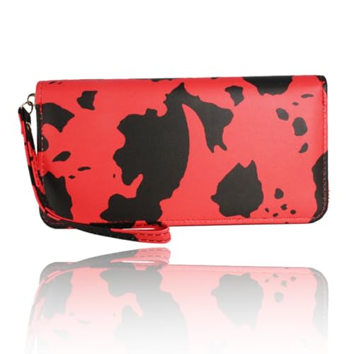 Ladies' ultra-thin long wallet, cow pattern, multi-layer organizer with zipper closure, 7.48 x 4.13 inches, red