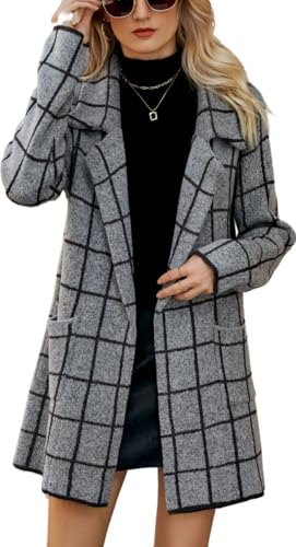 Women's Plaid Lapel Collar Open Front Cardigan Sweater Button Up Long Sleeve Business Knit Blazer Jacket