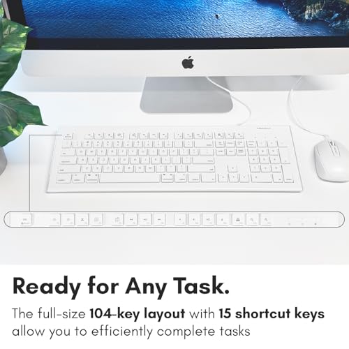 Macally Full Size USB Wired Keyboard for Mac and PC - Plug & Play Wired Computer Keyboard - Compatible Apple Keyboard with 15 Shortcut Keys for Easy Controls & Navigation of Macbook Pro/Air, iMac