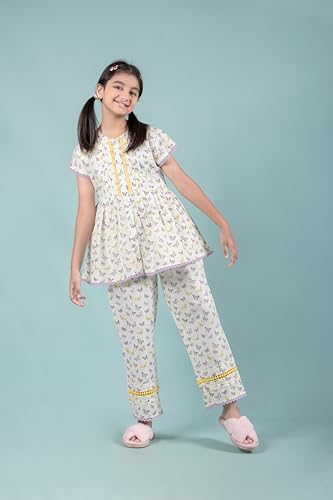 Image of Tweeny Mini Girls Kids Pure Cotton Nightsuit | Nightwear | Sleepwear | Nightdress with Pajama and Halfsleeve Top Cute Butterfly Printed with Eye Mask