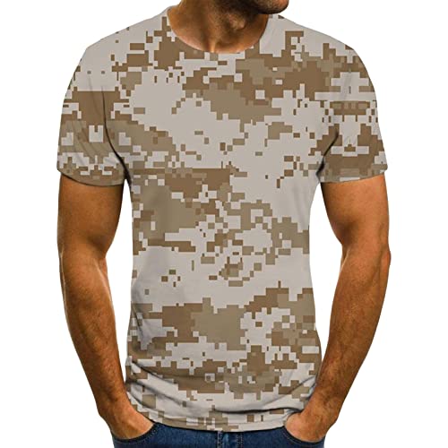 Men's Camo Crewneck Athletic T-Shirt Stretchy Camouflage Short Sleeve Shirts Soft Workout Military Pullover Tees (Khaki,4X-Large)