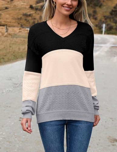 Image of Zeagoo Womens 2026 Fall Sweaters Casual Long Sleeve Ribbed Knit Pullover V Neck Lightweight Crochet Pullover Sweater Top