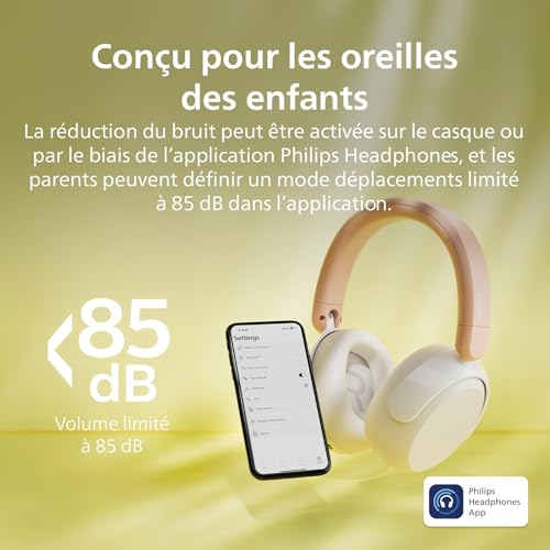 Philips TAK5500AL série 5500 Casque Supra-aural Pliable sans Fil Bluetooth 5.4 à réduction de Bruit pour Enfants, 34 Heures d’autonomie avec ANC, Volume limité, Partage Audio, câble USB-C Inclus