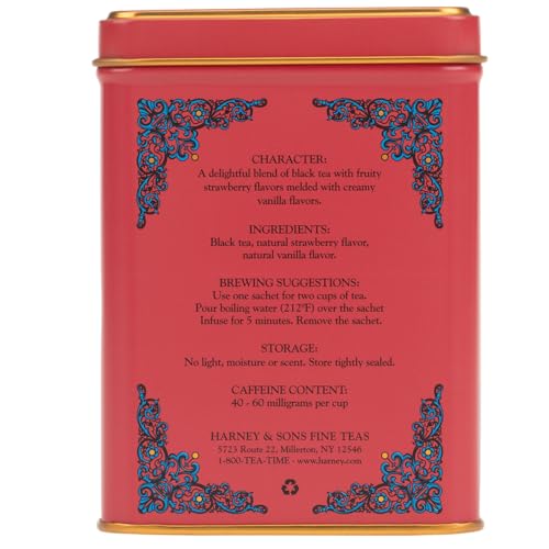 Image of Harney & Sons HT Strawberry Vanilla Black Tea, 20 Sachets in Tin | Black tea with strawberry and vanilla flavors for a smooth, fruity cup. Contains caffeine.