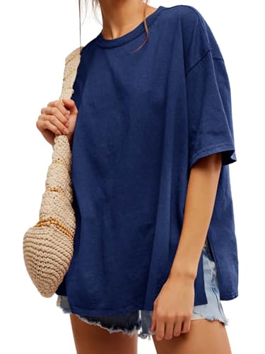 Image of Tankaneo Womens Oversized Tshirts Summer Casual Short Sleeve Crew Neck T Shirt Loose Fit Side Slit Tee Tops