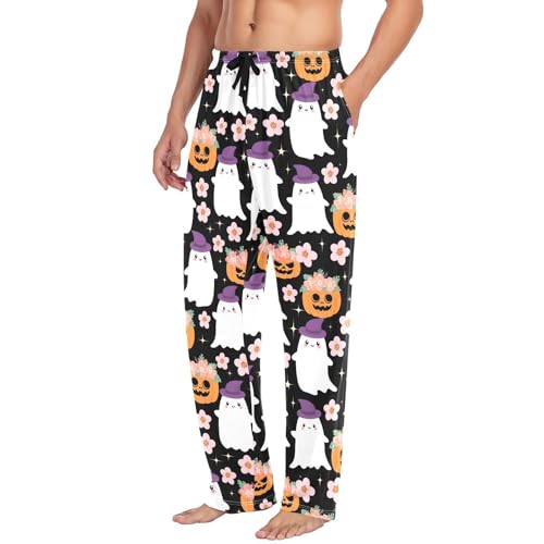Pumpkins Flowers Spirits Men's Cotton Pajama Pants with Pockets and Drawstring Comfortable and Stylish,S4