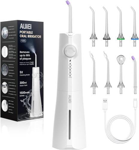 AUIEI Water Flosser for Teeth & Braces, 300ML Cordless Power Dental Flossers with 9 Jet Tips, Oral Irrigator 5 Use Modes, IPX7 Waterproof, Portable for Home Travel