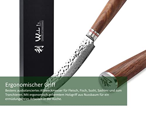 Damast-Steakmesser Wakoli mit Nussbaumholzgriff und 12,5 cm Klinge