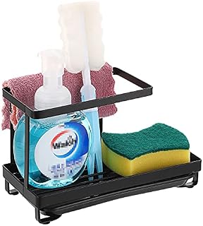IGNPION Stainless Steel Sponge Rack Kitchen Sink Caddy Organizer Sponge Storage Caddy Brush Soap Drainer Rack Dishrag Dishcloth Holder Rack with Plastic Drain Tray, Black