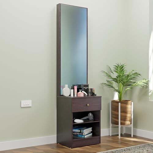 Image of VIKI | Engineered Wood Dressing Table with 1 Drawer, Mirror and Huge Storage Space | Vanity for Living Room, Bedroom (Dark Wenge- 43.8W x 40D x 182.6H cms)