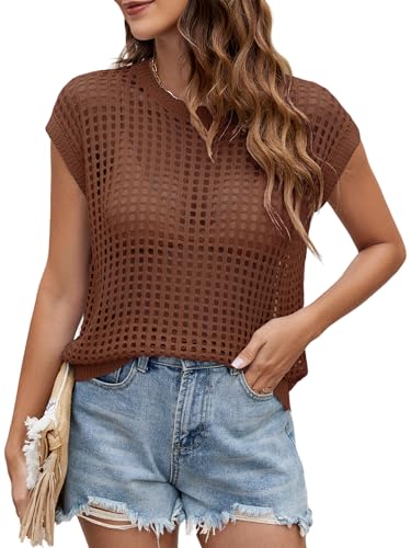 Image of Womens Summer Crochet Tops Hollow Out Cap Sleeve Cover Up Tank Top Pullover Sweater Vest Beach Vacation Clothes