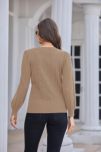 Image of GRACE KARIN Fall Sweaters for Women 2026 Puff Long Sleeve Crewneck Dressy Casual Tops Crochet Hollow Out Cute Pullover Blouse