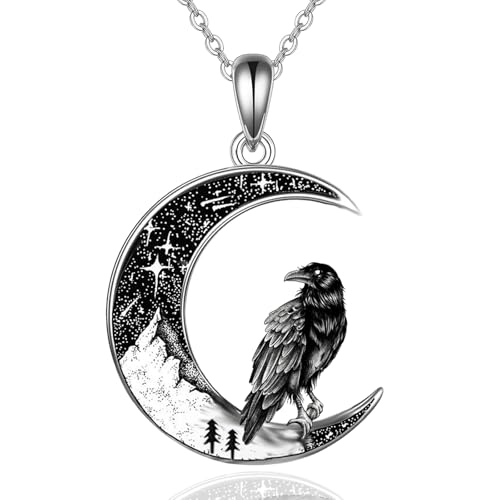 Wasee Raven Necklace for Women 925 Sterling Silver Black Moon Raven Pendant Halloween Jewelry Gift for Women