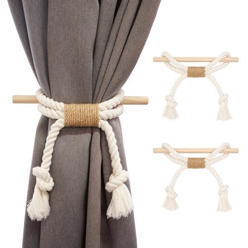 Home Queen Handcrafted Boho Curtain Tie Backs with Pine Stick, Natural Cotton Linen Rope Drapery Holdbacks with Tassels for Rustic Home, Easy No Drilling Install, Linen-Knotted Ivory Rope