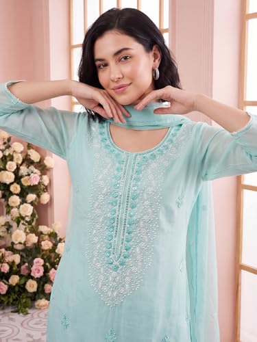 Image of INDO ERA Women's Silk Blend Embroidered Thread Work Kurta & Pant with Dupatta Set | Suit Set For Women