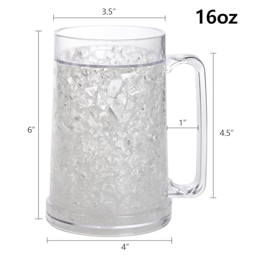 Fasmov Freezer Beer Mugs, 4 Pack Clear Double Wall Gel Frosty Ice Mugs with Gel, Plastic Beer Mugs with Handles for Freezer, Parties and Gifts, 16oz - Image 3