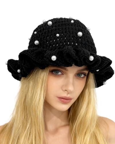 Image of Women Crochet Bucket Hat Cute Winter Ruffled Brim Floppy Cap Handmade Knit Cloche Hats