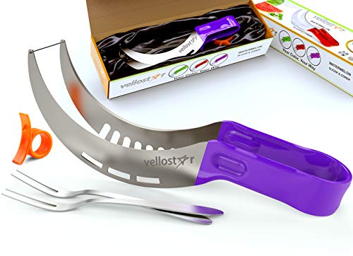 Vellostar Watermelon Slicer Corer Cutter Tongs and Server Set, with ss304 Serving Fork & Orange Peeler, Kitchen-Grade 304 Stainless Steel, Ergonomic Handle, Watermelon Knife, Purple