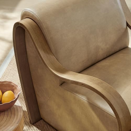 Sillón lounge de cuero vegano tostado con brazos de madera miniatura 5
