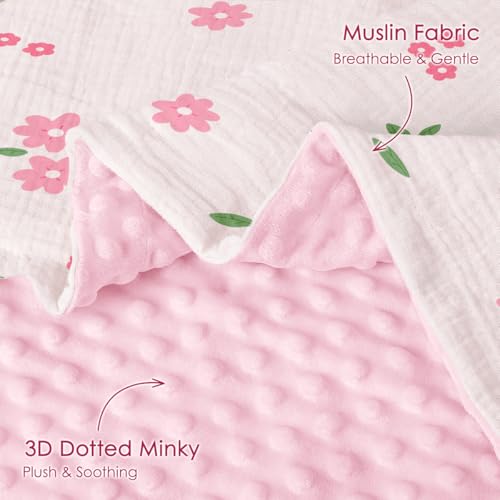 Image of SANDJEST Pink Floral Minky Muslin & Dotted Blanket 30x40 in Gift for Holiday, Gender Reveal Party, Hospital Visit, Baptism