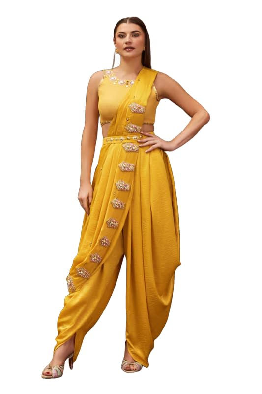 Women'S Yellow Dhoti Pant Work Saree For Wedding Mehandi Party Diwali Haldi Reception Navratra Gift(VRCLAPR2429)-image-21