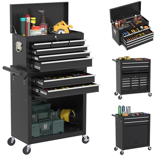 SGHATAJ Rolling Tool Box with Wheels, 8-Drawer High Capacity Tool Chest with Wheels, Removable Storage Toolbox with Lock for Garage, Workshop (Black)
