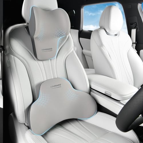 Image of Coverado Lumbar Support and Headrest Pillow for Car, Memory Foam Ergonomic Head Neck Support Pillow for Driving Seat, Back Support and Pain Relief, Seat Cushion for Car, Driver, Office