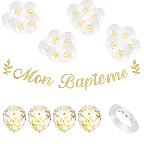 Mon Baptême Decoration Bapteme Garcon Fille 26Pcs Deco Bapteme Garcon Décoration Baptême Garçon Cadeau 1pcs Bannière 1pcs Ruban de Ballon 4pcs Ballons de Confettis Dorés Cover