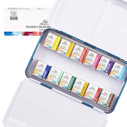 PHOENIX Artist Grade Watercolor Paint Set - 12 Colors Half Pans Palette Quality Pigment Watercolor Travel Set Portable Tin Box for Adults, Professional Artists