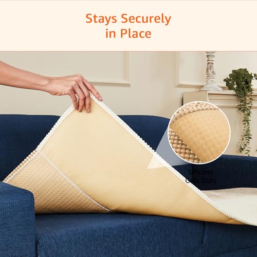 Image of Amazon Basics Knitted Fabric Sofa Cover for Two Seater, Playful Polka Dots, Non-Slip Sofa Pad, 70x120 cm, Soft Silicone Grip Dots, 100% Polyester, Machine Washable - Camel