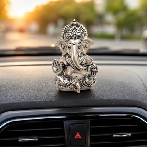 Image of Gold Art India Lord Ganesha 999 Silver Plated Idol | Antique Matte Finish | Premium Velvet Gift Box | Ganesh Murti for Car Dashboard, Home Temple, Office Desk | Luxury Spiritual Gift for Housewarming