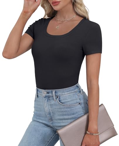 WIHOLL Women's Ribbed Knit Scoop Neck Tees Slim Fit Short Sleeve Tops Summer 2025 Trendy Basic Tshirts2
