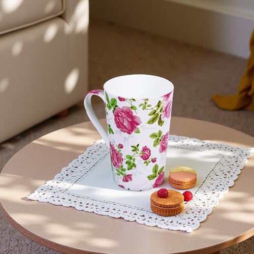 Taza alta de café Bone China floral 14 oz blanca-rosada miniatura 7