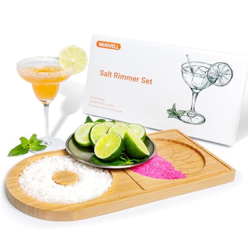 Mugvell Margarita Salt Rimmer Set, Sugar and Salt Rimmer for Cocktails, Bartender Tool with Wood Bamboo Glass Rimmer for up to 5.1' Rims, Essential Margarita Set for Party Bar Celebration