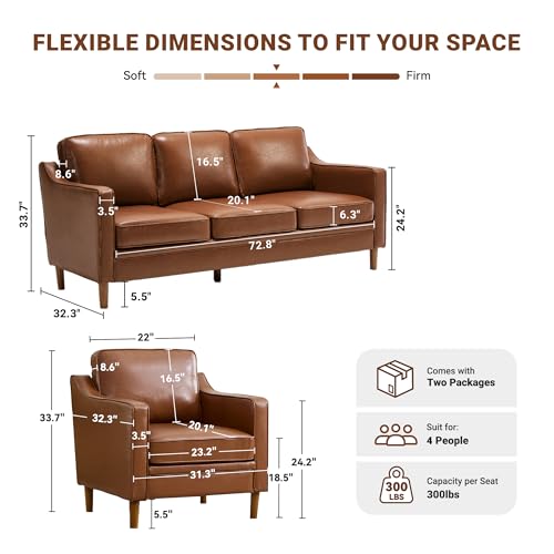 Image of Kingfun Couch Sets for Living Room, 3 Seater Couch and Armchair, Mid Century Modern Sofa Set, Faux Leather Couch with Solid Wood Frame for Bedroom