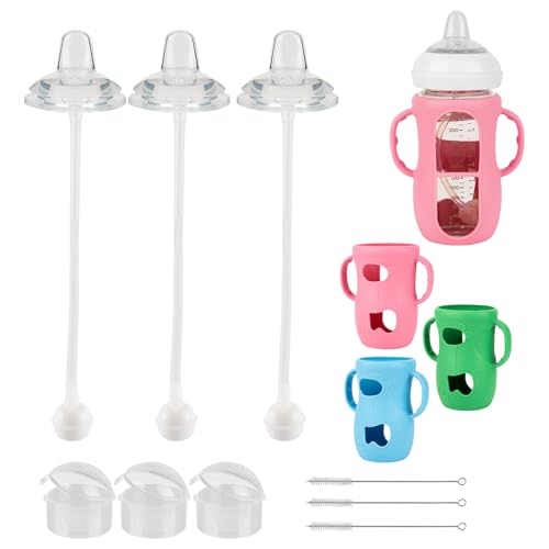 Sippy Cup Conversion Kit with Silicone Sleeves for Avent Natural Glass Baby Bottle 8oz, Toddler Sippy Cups Transition Kit with Handle &Straw Nipple & Weighted Straw， 3-Pack，6m+