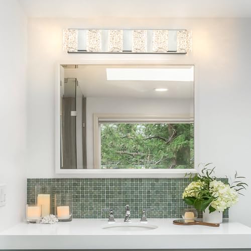 Image of Modern 6-Lights Bathroom Vanity Lighting, Chrome Crystal LED Bathroom Light Fuxtures over Mirror, Art Deco Dimmable Wall Sconce, Crystal Bathroom Light, Acrylic Hardwired Wall Lamp(H4.33in, L22.64in)