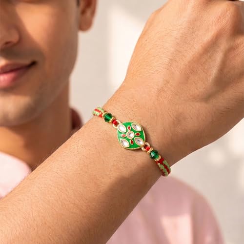 Image of Peora Rakhshabandhan Thread Rakhi for Brother Bhaiya | Kundan Beads & Crystal Studded | Combo Set of 2 | Rakhi Hamper Roli Chawal & Greeting Card