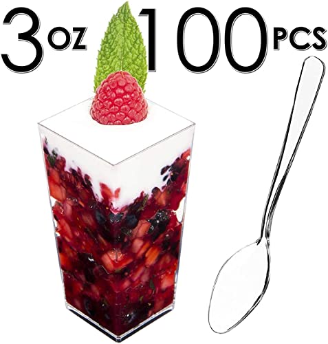 Dlux 100 X 3 Oz Mini Dessert Cups With Spoons, Square Tall - Clear Plastic Parfait Appetizer Cup - Small Reusable Serving Bowl For Party Desserts Appetizers - With Recipe Ebook #TOP2