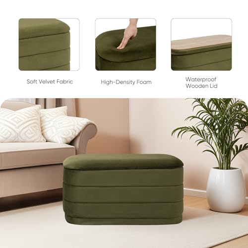 Image of 30 inch Velvet Storage Ottoman Bench with Wooden Tray Lid, Folding Large Upholstered Ottoman Footstool for Living Room, Rectangular Padded Foot Rest for Bedroom Living Room Dorm, Olive Green