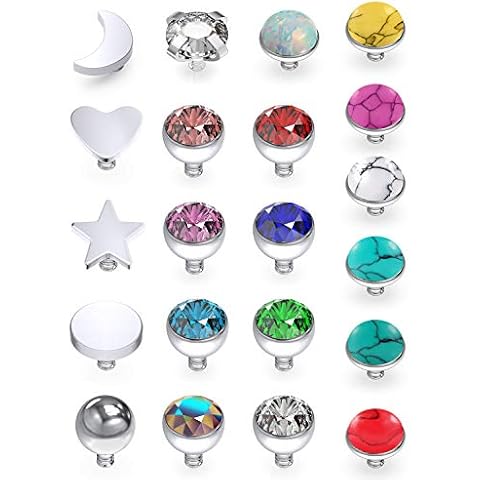 Dyknasz 21PCS 14G Grade 23 Titanium Dermal Anchor Tops Synthetic Stone Internally Threaded Mixcolor Gem for Women Men, Moon/Heart/Star/Flat/Ball/CZ/Opal/Marble Stone 3mm Cover