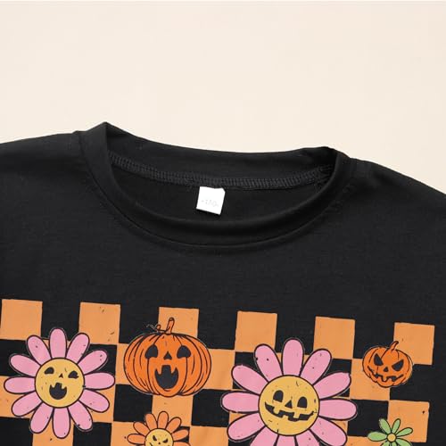 Image of Girls Halloween Shirt Pumpkin Flower Face Checkered T-Shirt Kids Crewneck Short Sleeve Spooky Season Gift Tee Tops(Black,11-12 Years)