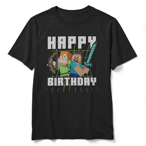 Boys Minecraft Happy Birthday Steve and Alex T-Shirt - Black - Large