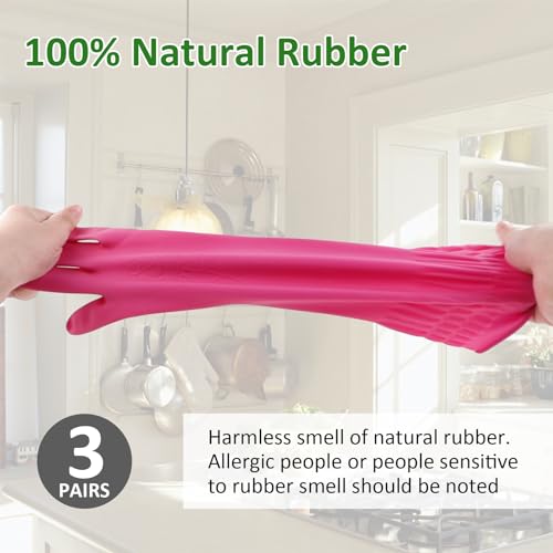 WATUNID 3 Pares Guantes De Goma Largo, Guantes De limpieza Antideslizantes, Limpieza Reutilizable el Hogar, Guante Cocina, Baño, Lavandería, Jardinería, Cuidado(L,Amarillo, Rosa, Verde) - imagen 4