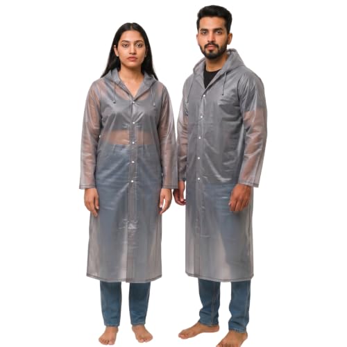 Image of ORILEY EVA Waterproof Raincoat for Men & Women with Hood Reusable Lightweight Rain Poncho Full Sleeves Rain Coat with Button Closure Outdoor Rainwear for Camping Hiking & Travelling (Free Size, Grey)